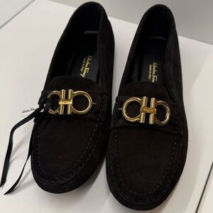 Salvatore Ferragamo Black Suede Loafers with reversible Gold /Silver Buckle